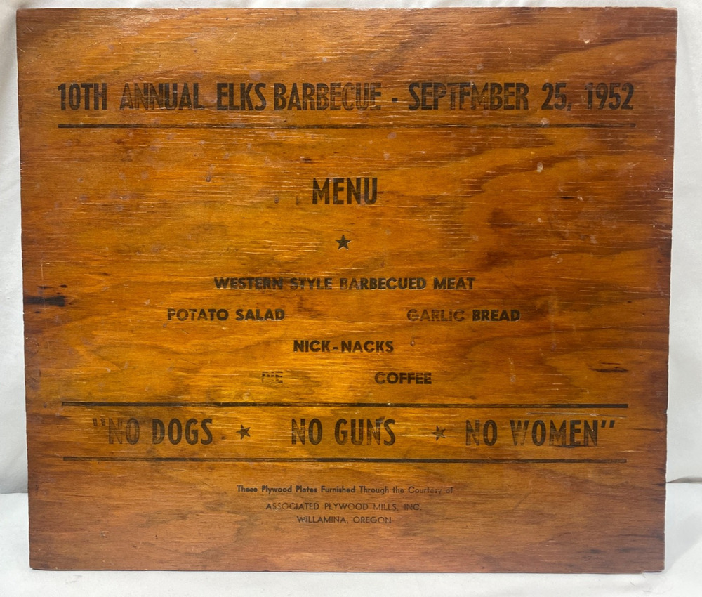ELKS Barbecue 1952 Menu on Wood Board Willamina OR No Guns No Dogs No Women